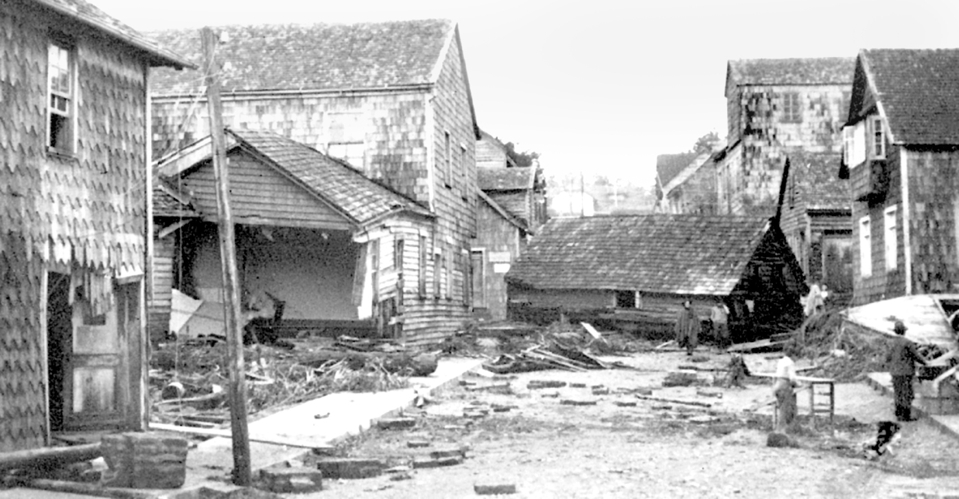 Damage caused by the 22 May 1960 Chilean tsunami. Photo courtesy of Ilustre Municipalidad de Maullin, USGS Circular 1187.