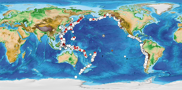 Confirmed tsunami source locations in the Pacific Ocean. Source: NCEI/WDS-Geophysics.