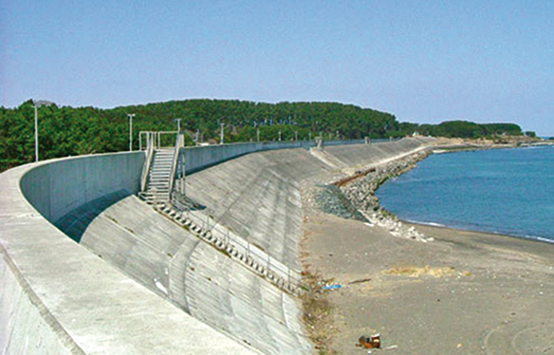 Sea wall with stairway evacuation route used to protect a coastal town against tsunami inundation in Japan.