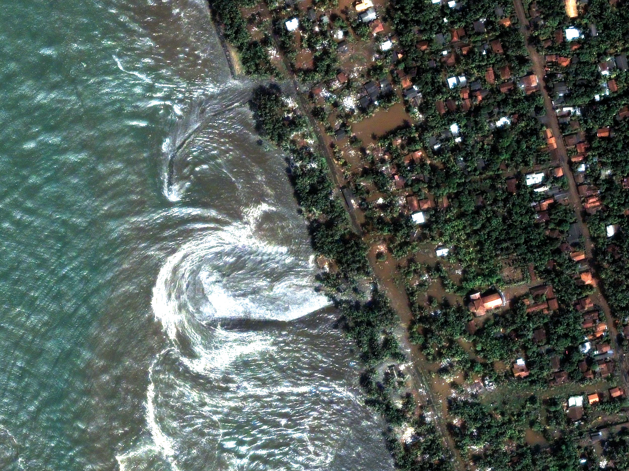 Eddies generated by the interactions of tsunami waves as they hit the coast of Sri Lanka, 26 December 2004.