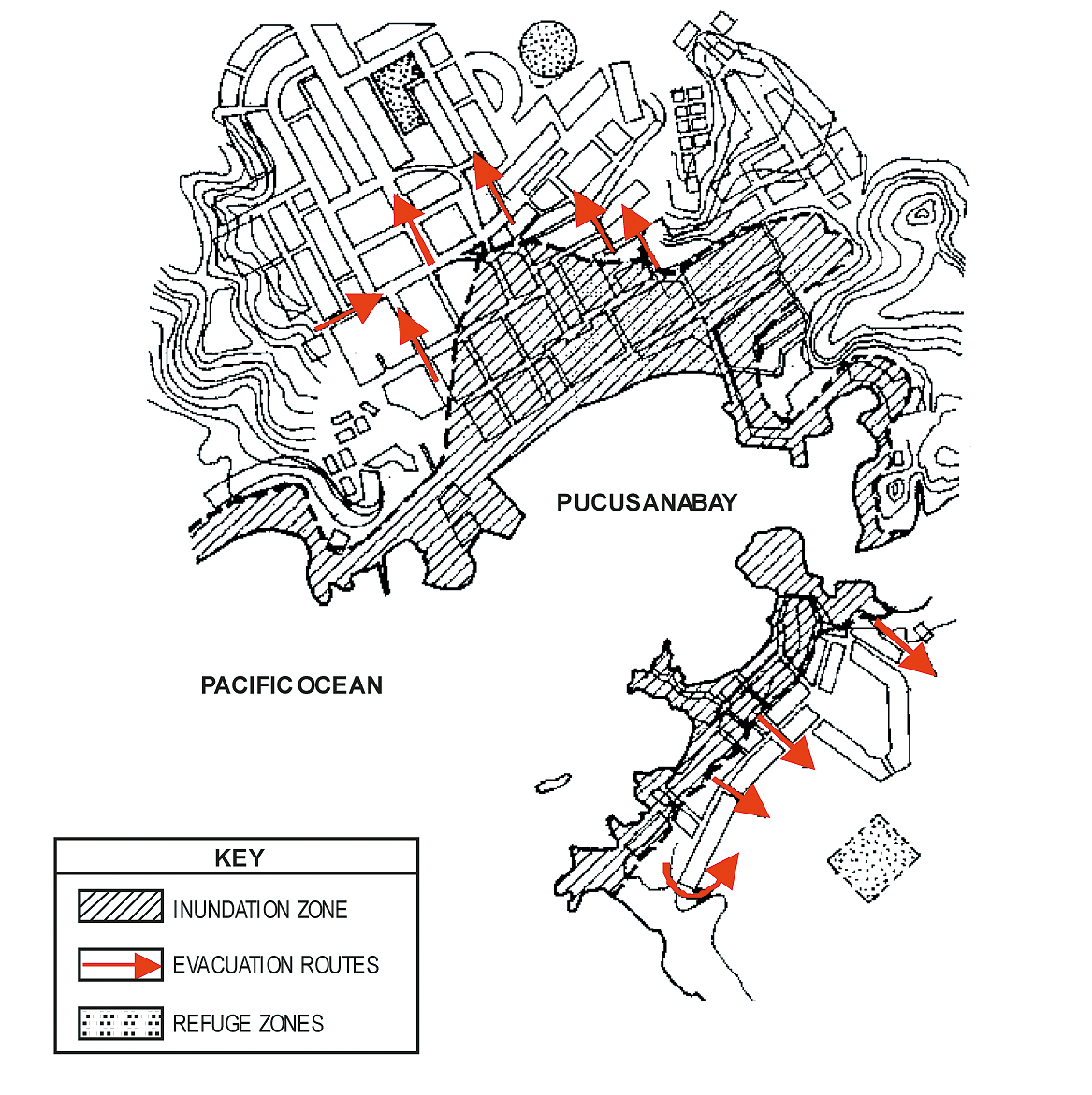 Inundation and Evacuation Map created for the coastal town of Pucusana, Peru.