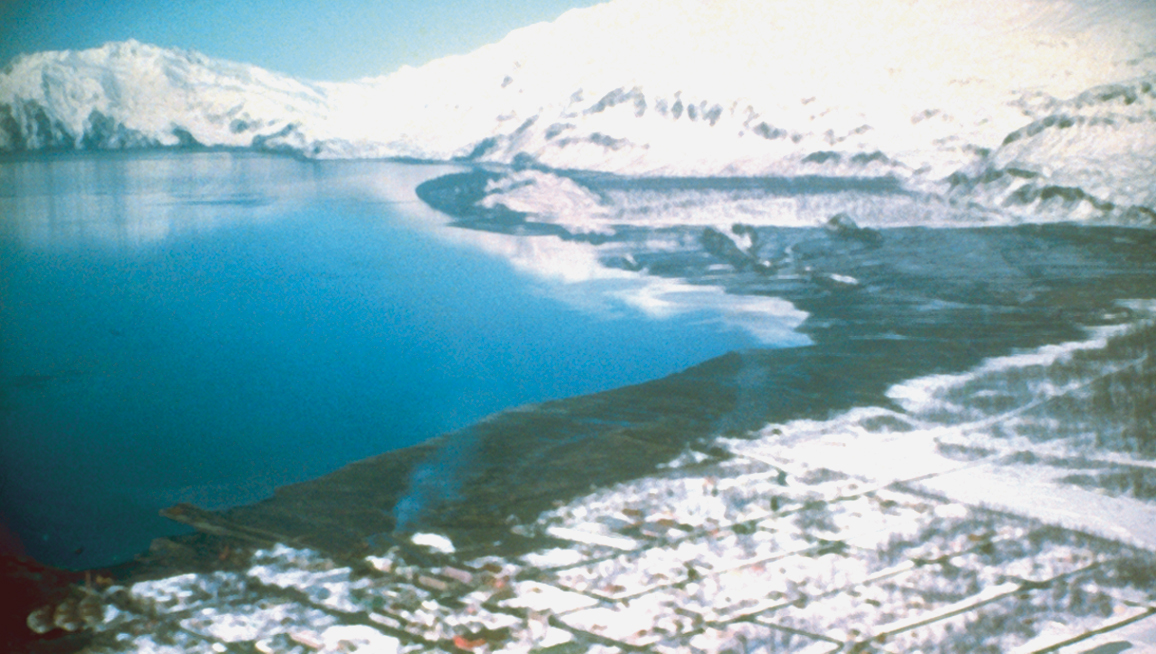 Dark area shows inundation area from the 1964 Alaska tsunami. Photo courtesy of NCEI/WDS-Geophysics.