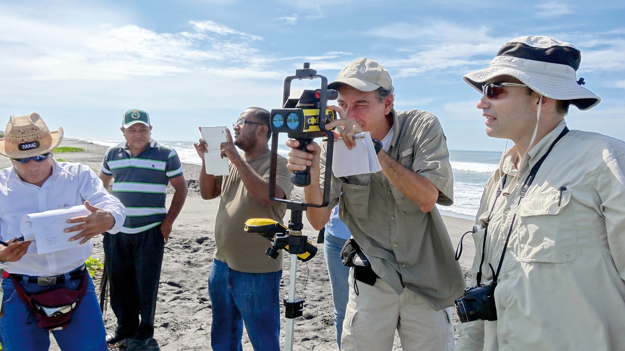 ITST measuring tsunami runup using laser rangefinder in El Salvador, 2012. Photo courtesy of ITIC.