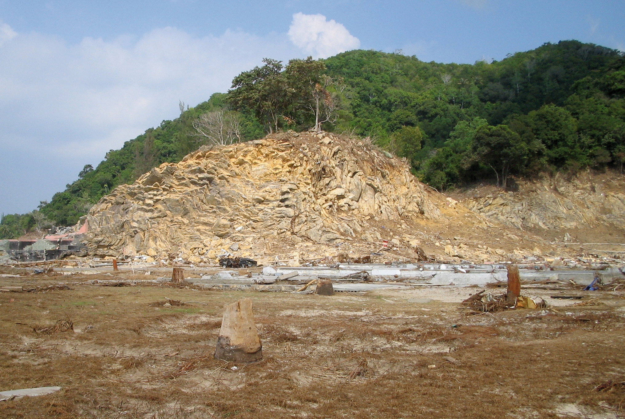 Tsunami stripped forested hills of vegetation leaving clear marker of tsunami runup, Banda Aceh, 26 Dec 2004 Sumatra tsunami.